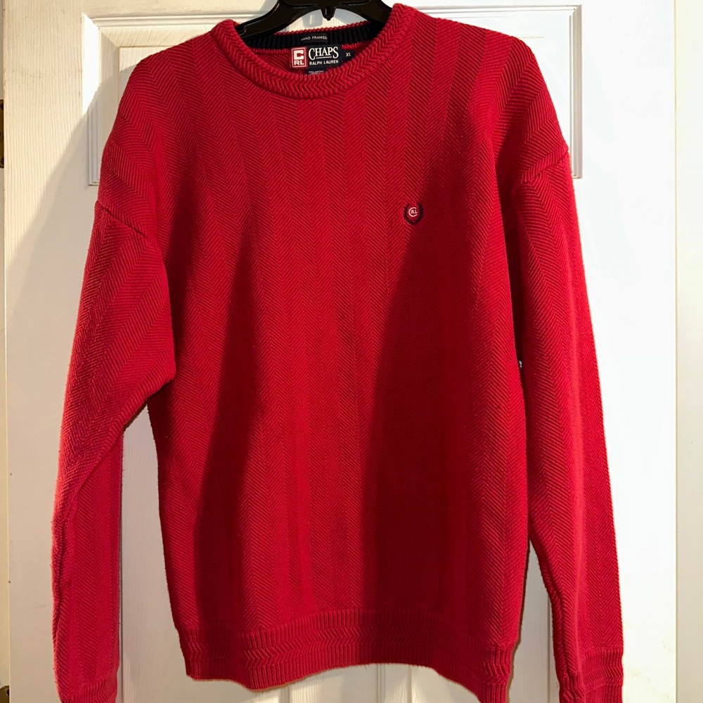 Vintage Chaps Ralph Lauren Red Cotton Sweater XL Herringbone Knit Crewneck CRL‎